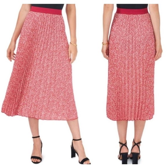 Vince Camuto Women's Red, Pink, & Ivory Pleated Elastic Waist Midi Skirt New - Picture 2 of 16